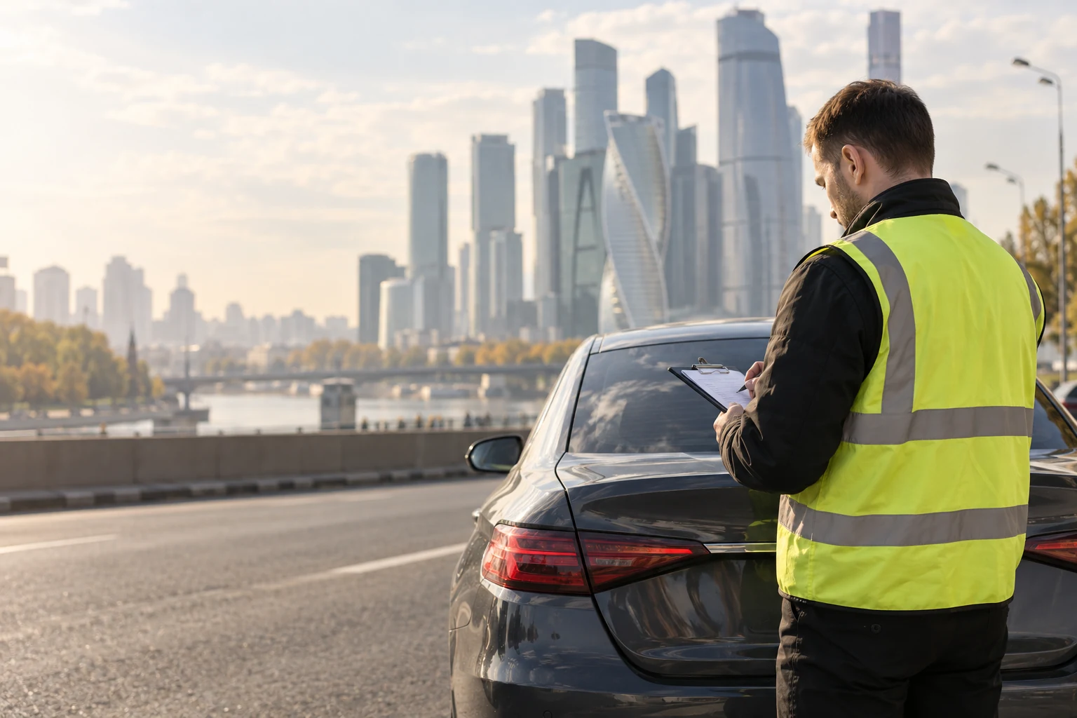 Комиссар с планшетом для документов рядом с автомобилем